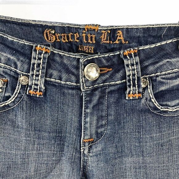 Grace In LA Rhinestone Bootcut Blue Jeans Size 7 - Picture 5 of 7